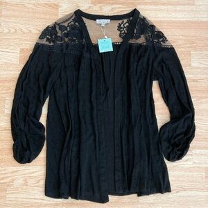 NWT Hayden Black Swiss Dot Sheer Floral Illusion Top Open Front Dressy Blouse M